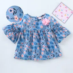 Babyhug Bell Sleeves Rayon Top With Floral Print And Corsage Detailing- Blue-picture-21