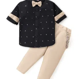 Babyhug Woven Full Sleeves Party Wear Shirt & Pant With Bow & Suspender Sunglasses Print - Black & Beige-picture-15