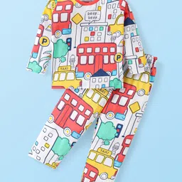 Babyhug Cotton Knit Full Sleeves Night Suit With Vehicles Print - Off White-picture-24