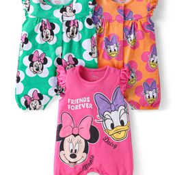 Babyhug Disney Interlock Knit Sleeveless Rompers With Minnie Mouse Graphics Pack of 3 - Dark Pink Green & Orange-picture-13