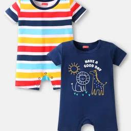 Babyhug 100% Cotton Knit Half Sleeves Rompers with Animal Print & Stripes Pack of 2 - Navy Blue-picture-34