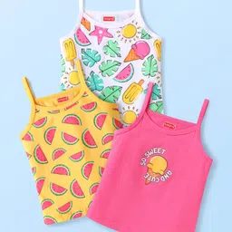 Babyhug 100% Cotton Knit Sleeveless Slips with Watermelon & Ice Cream Print Pack of 3 - Yellow White & Pink-image-57
