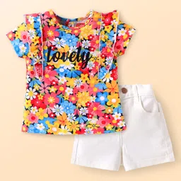 Babyhug Single Jersey Knit Half Sleeves Top & Denim Shorts Set with Floral Print & Frill Detailing - White-picture-12