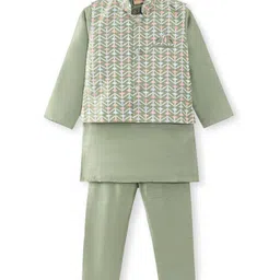 Ridokidz Full Sleeves Solid Kurta & Pyjama With Floral Embroidered Jacket Set - Mehandi-picture-29