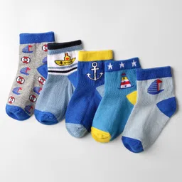 Cute Walk by Babyhug Anti Bacterial Ankle Length Socks With Nautical Theme Design Pack of 5 - Blue-picture-31