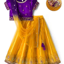 Babyhug Net Woven Half Sleeves Net Embroidered Choli Lehenga & Dupatta Set With Sequin Detailing - Purple & Yellow-picture-17