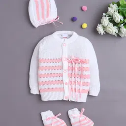 BUMZEE Knit Full Sleeves Front Open Sweater with Cap Booties & Bow Detailing - Pink & White-picture-16