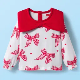Babyhug 100% Cotton Knit Full Sleeves Top with Collar & Bow Print - Red & White-picture-33