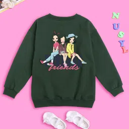NUSYL Fleece Girls Olive Friends Forever Printed Oversized Sweatshirt - Green image 3