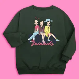 NUSYL Fleece Girls Olive Friends Forever Printed Oversized Sweatshirt - Green image 4