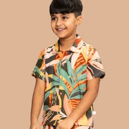 kids of greendeer Greendeer Half Sleeves Jungle Leaf Printed Crinkle Soft Double Cotton Shirt - Multi Colour image 5