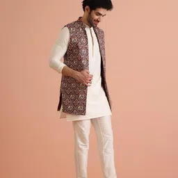 kisah Mens Kurta Jacket Trouser Set|Cotton Blend Fabric Printed Pattern Mens Ethnic Wear|Regular Fit Mandarin Collar Long Sleeves image 2