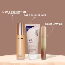 Flicka Makeup Combo - Flawless Femme Foundation Warm Ivory + Silk Touch Primer + Ru Ready Lipstick image 3