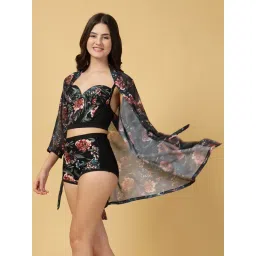 Cukoo Black Padded Floral Bikini Top with Bottom & Cover-Up (Set of 3) image 5