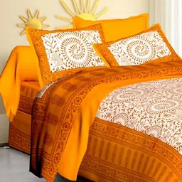 Rudra Bazaar Orange & White Ethnic Motifs 210 TC Queen Bedsheet with 2 Pillow Covers-picture-29