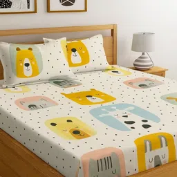 INDHOME LIFE Kids Off White Printed Cotton 220 TC Fitted King Bedsheet Set-1.82 m x 1.98 m-picture-15