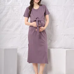 EASY MOM Women Cotton Self Design Maternity Midi Dress-image-16