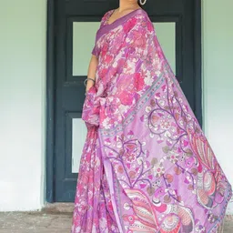ALMAARI FASHION Floral Printed Zari Pure Linen Banarasi Saree With Unstitched Blouse Piece image 2