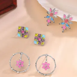 Qiroko Set Of 3 Artificial Stones Studded Square Shaped Studs-picture-10