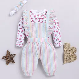 Moms Love Infants Girls Cotton Striped Ruffled Dungarees with T-shirt & Headband-picture-19