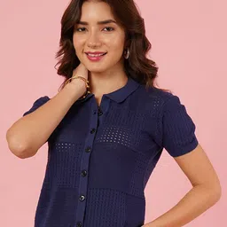 DressBerry Cotton Self Design Shirt Style Crop Top-image-96