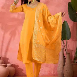 HERE&NOW Women Woven Design Embroidered Kurta with Pyjama & Dupatta image 1