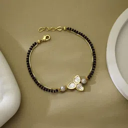 ATIBELLE Gold-Plated Kundan Stone Studded leaf shaped Hand Mangalsutra Bracelet-picture-10