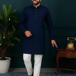 shreeram Men Blue Straight Cotton Kurtas image 4