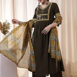 KIMAYRA Ethnic Motifs Printed V-Neck Mirror Work A-Line Kurta With Palazzos & Dupatta-picture-26