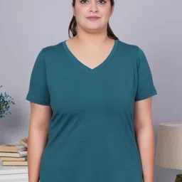 Mlada Women Causal Relaxed Fit V-Neck Half Sleeves Solid Cotton Tshirt-image-43