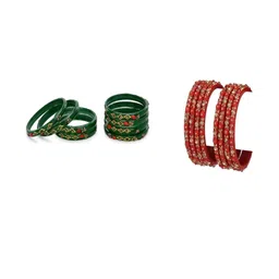 1ST TIME Set Of 16 Green Alloy Artificial Stones & Beads Antique Bangles-picture-21