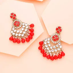 Brado Jewellery Gold-Plated Kundan Studded & Beaded Contemporary Drop Earrings-image-40