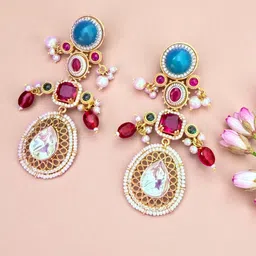 House of Pataudi Stones-Studded & Beaded Heritage Polki Royale Earrings image 3