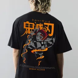 WHITE HUSK Men Tanjiro Demon Slayer Anime Printed Cotton Oversized T-shirt-picture-32