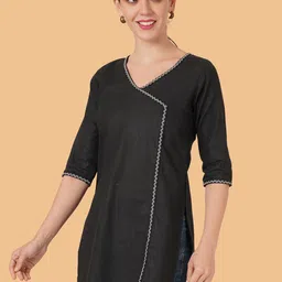 Brownverse Thread Work V-Neck Khadi Cotton Angrakha Design Kurta image 5