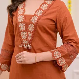 Ruaati Embroidered Thread Work Pure Cotton Straight Kurta With Palazzos & Dupatta image 2