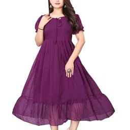 QENA Self Design Tie-Up Neck Puff Sleeve Georgette Fit and Flare Midi Dress-picture-12