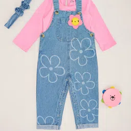 Pantaloons Baby Girls Printed Straight Leg Denim Dungaree With Top And Hairband-picture-41