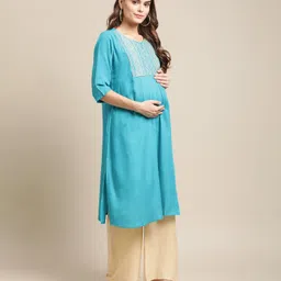Bella Mama 3/4th Sleeves Maternity Ethnic Kurta - Teal image 5