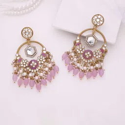 DIVASTRI Gold-Plated Artificial Stones Studded And Beaded Contemporary Drop Earrings-picture-15