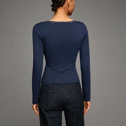 Bershka V-Neck Long sleeve lace-trimmed Cotton T-shirt image 3