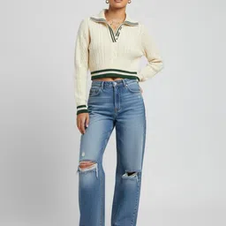 glitchez Women Cable Knit Varsity Crop Pullover image 3