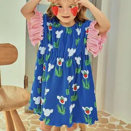 LULU & SKY Girls Floral Printed Flutter Sleeves Fit and Flare Dress-image-9