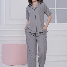 NEYSA Women Solid Pure Cotton Shirt Collar Neck Night suit-image-30