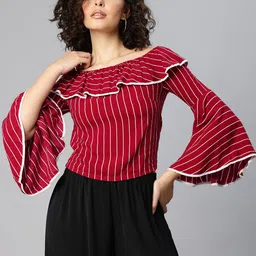 London Rag Striped Off-Shoulder Bell Sleeve Layered Bardot Crop Top-picture-39