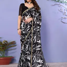 Satrani Black & White Printed Saree With Unstitched Blouse-picture-10