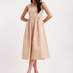 Fablestreet Beige Linen A-Line Dress-image-32