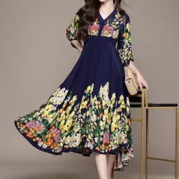 Label Ritu Kumar Navy Printed Regular Fit Long Dress image 4