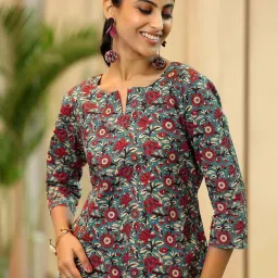 Libas Blue Cotton Printed A Line Kurti image 4