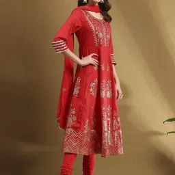 Biba Red Embellished Kurta Pant Set With Dupatta image 4